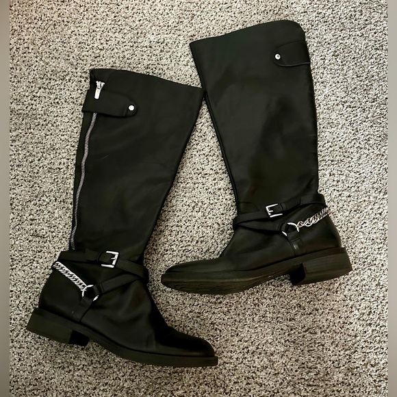 ENZO ANGIOLINI Size 8.5 Black Moto Riding Boots Silver Zipper Chains - Picture 2 of 11